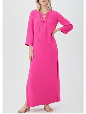 Trina Turk Catamaran Dress XL Lace Up Maxi Tunic Kaftan Shift Dress Pink NWT